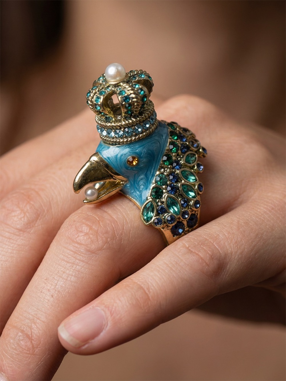 Crowned Parrot Cocktail Ring in Turquoise and Green size adjustable